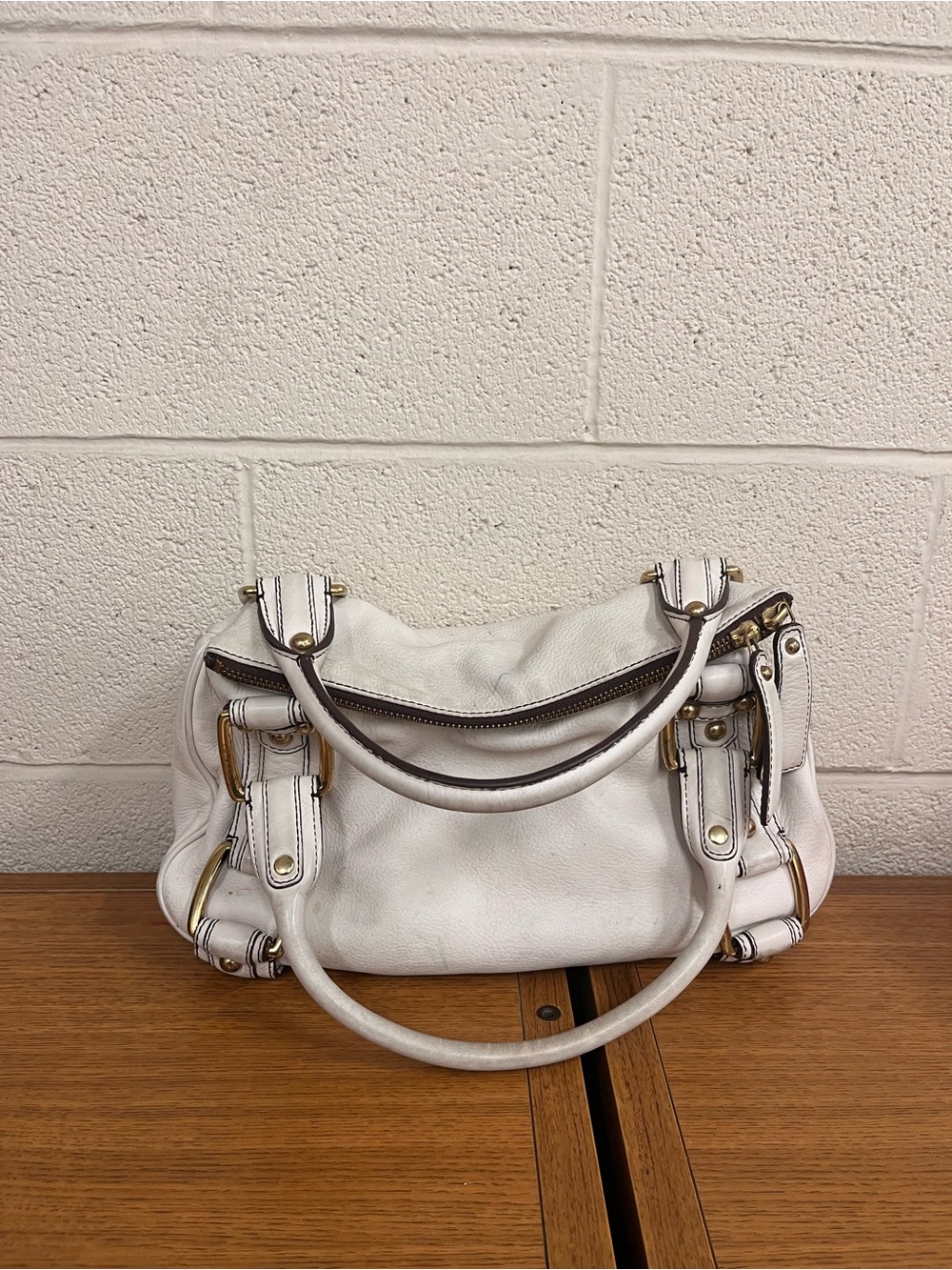 Banana Republic White Leather Shoulder Satchel with Gold Hardware